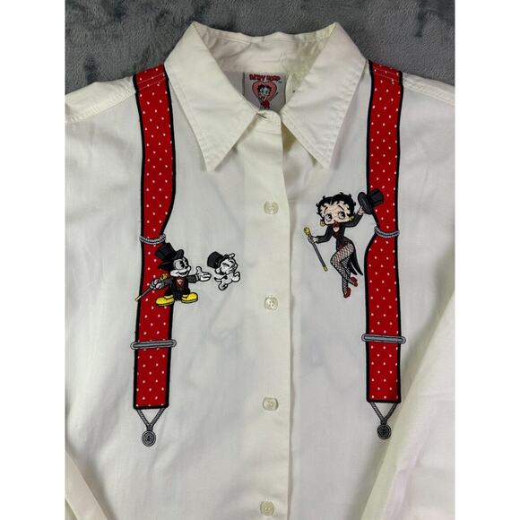 Vintage 1997 Betty Boop Shirt M White Button Up Suspenders Print MGM Grand RARE - Picture 2 of 13